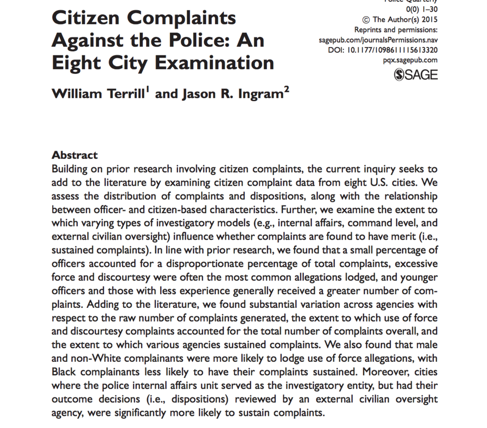 Study: civilian oversight structures 78% more likely to sustain misconduct complaints.